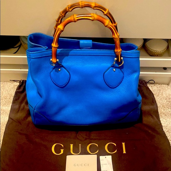 Gucci Handbags - Gucci Blue Leather Tote Bag with Bamboo Handles